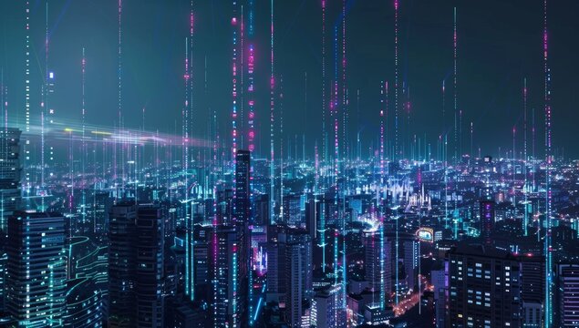 Cityscape with digital connections, representing the integration of AI in urban technology and social research for enhanced data collection. digital technology and big data connections, copy space