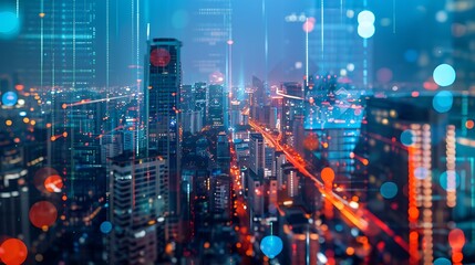 Aerial view of a city at night, illuminated by streetlights and building lights, with a digital overlay showcasing data streams and connections, creating a futuristic and abstract aesthetic.
