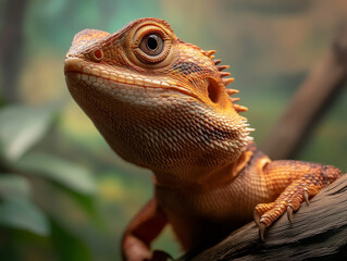 Obraz premium A detailed close-up of a preserved exotic animal, such as a lizard or bird, displayed in a naturalistic pose within a museum setting.