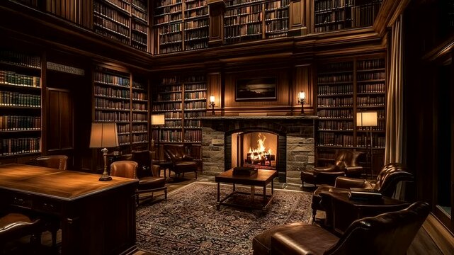 Dimly lit grand library with a cozy fireplace and comfortable leather chairs. Classic reading retreat concept. Seamless time-lapse animation video background