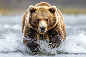 Grizzly bear running through water, showcasing wildlife.