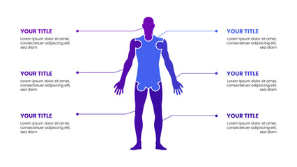 Healthcare infographic template with human anatomy icon in 6 options.