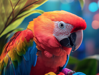 A colorful image of an exotic pet, like a parrot, showcasing its playful behavior with toys in a well-lit aviary.