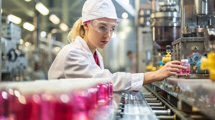 Female worker in lab coat with safety glasses operating production line for liquid filling or packaging process in factory automation and industrial manufacturing concept.
