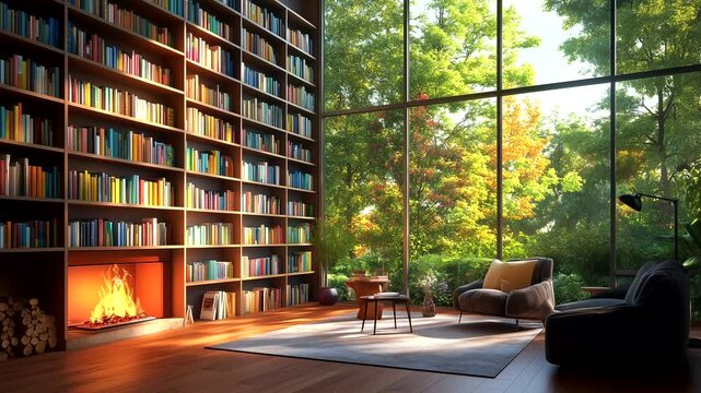 Bright modern library with large windows, cozy seating, and sunlight streaming in through a peaceful forest view. Modern cozy reading concept. Seamless time-lapse animation video background