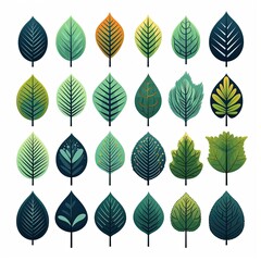 Flat Botanical Illustration Set of Leaves on a Clean White Background