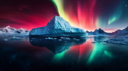 A dramatic photo showing the Northern Lights from above the ice and its reflection under the water, creating a mirrored effect.
