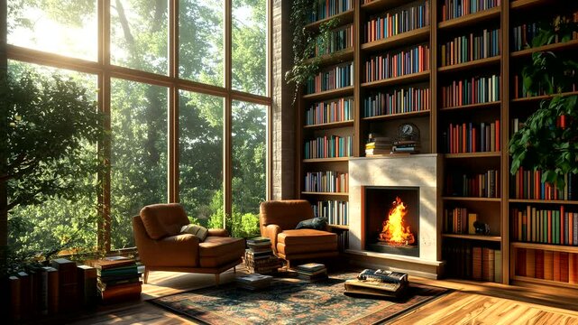 Bright modern library with large windows, cozy seating, and sunlight streaming in through a peaceful forest view. Modern cozy reading concept. Seamless time-lapse animation video background