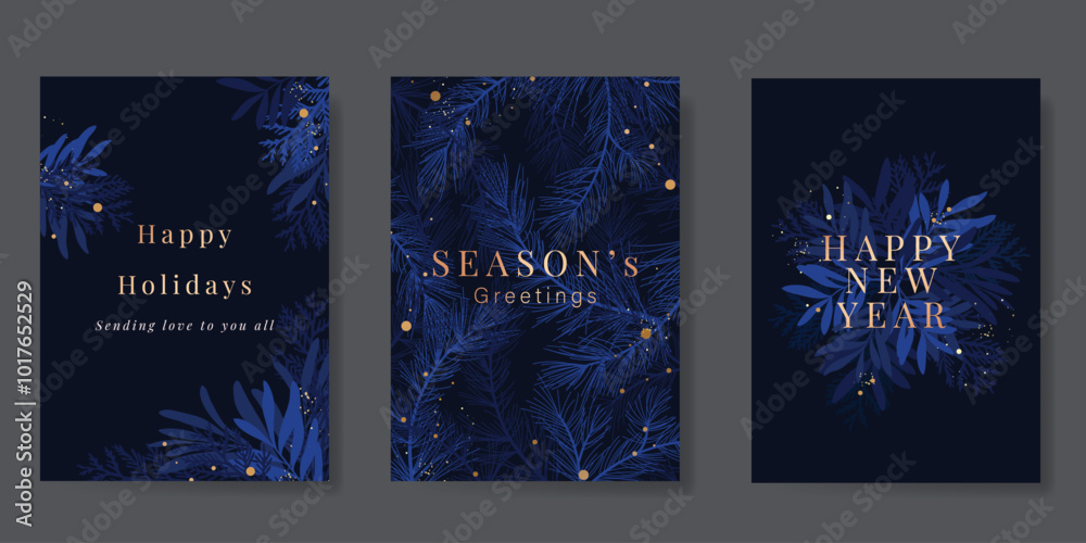 Wall mural luxury happy holidays invitation card design vector. elegant happy new year card with leaves branch,