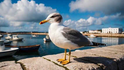 Close-up photo of a seagull while observing the ocean. A herring gull sitting on the coast against the beautiful sky in the bay.