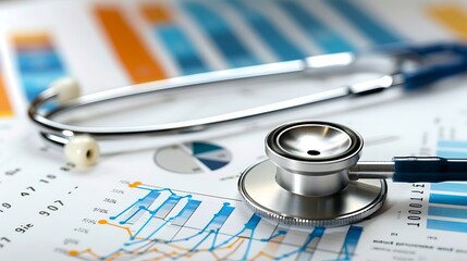 Stethoscope lies on a chart with financial graphs and data representing the intersection of health and finance.