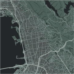 Map of Berkeley in California in a smooth dark style. Contains layered vector with roads water, parks, etc.