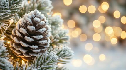 Christmas Scene. Close-up of frosted pinecone among snow-covered pine branches, with warm glowing holiday lights softly illuminating, creating a cozy atmosphere. Image made using Generative AI.