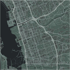 Map of Chula Vista in California in a smooth dark style. Contains layered vector with roads water, parks, etc.