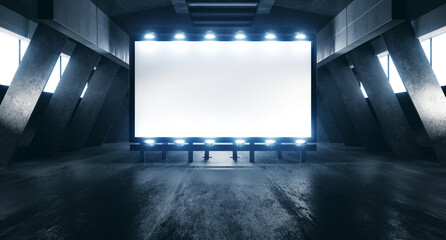 Sci Fi Spaceship Mockup Cyberpunk Empty White Billboard Advertisement Grunge Concrete Modern Warehouse Tunnel Corridor Factory Realistic Background 3D Rendering
