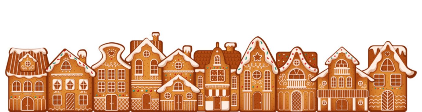 Charming festive gingerbread houses row flat color vector illustration. Town with intricate icing details cartoon composition on white background