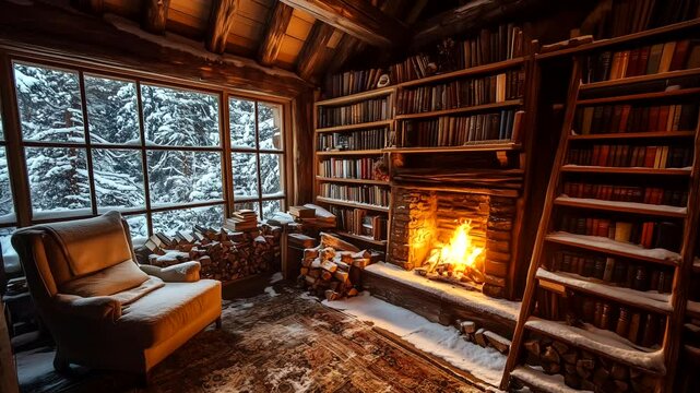 Cozy cabin library with a glowing fireplace, wooden shelves, and snow-covered trees visible through the window. Rustic winter retreat concept. Seamless time-lapse animation video background