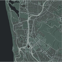 Map of Daly City in California in a smooth dark style. Contains layered vector with roads water, parks, etc.