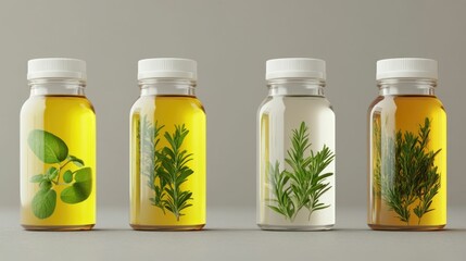 Organic herb infused oils displayed in transparent glass bottles each containing lush green botanicals like rosemary thyme and sage  This 3D showcases the natural healthy