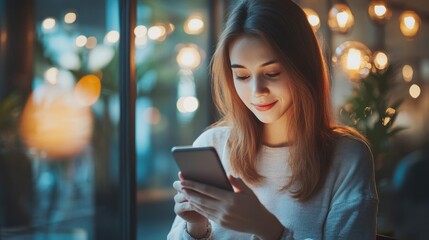 Businesswoman using mobile phone for e-commerce, showing a businesswoman managing online transactions, orders, and customer relations through mobile apps.
