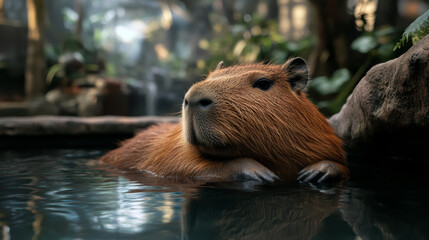 A playful capybara lounging by a small water pool in a spacious outdoor enclosure, surrounded by greenery and natural elements.
