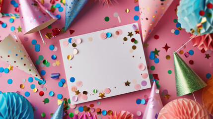 Obraz premium Blank holiday cards surrounded by festive party hats and decorations