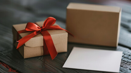 Close-up of a crafted gift box with a red ribbon next to a blank card for personalization