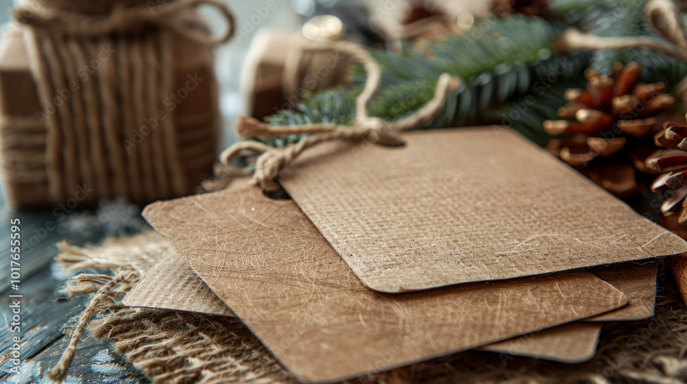 Wall mural Close-up of empty gift tags fashioned from eco-friendly materials, resting on a table with seasonal craft supplies