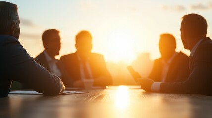 Group of business professionals engaged in discussion during a sunset meeting in a city setting