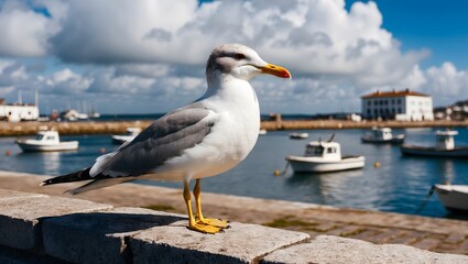 Close-up photo of a seagull while observing the ocean. A herring gull sitting on the coast against the beautiful sky in the bay.