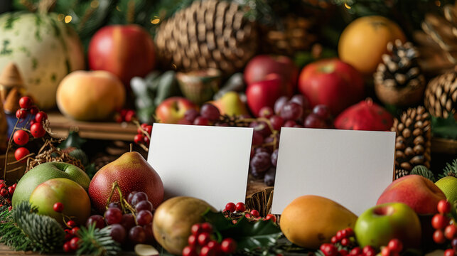 Empty holiday cards flanked by vibrant fruits and Christmas treats, ideal for grocery stores and farmers' markets