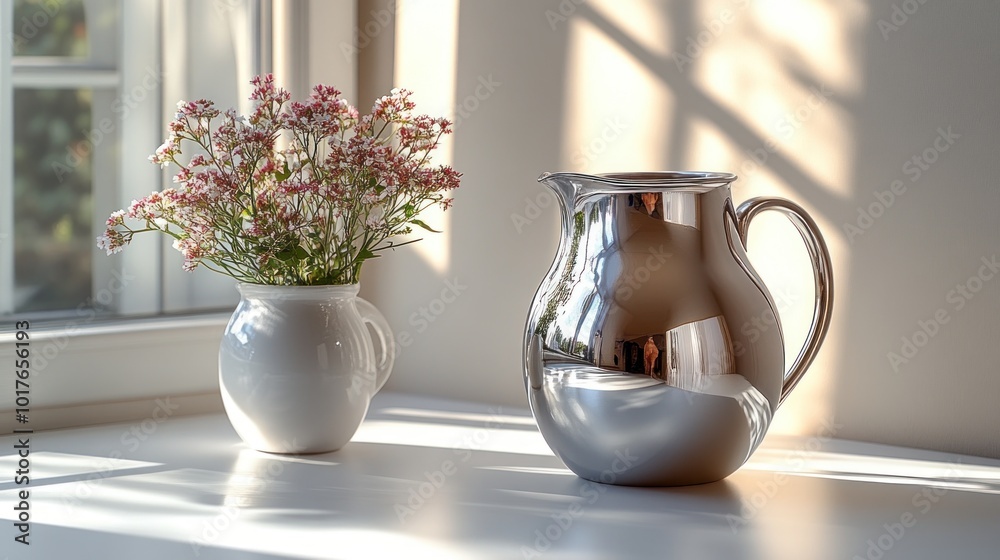 Poster Silver Pitcher and Flowers