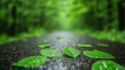 Gentle rain drops falling on a lush verdant forest scene creating a peaceful and tranquil atmosphere of nature s beauty and serenity  The image depicts a deeply focused