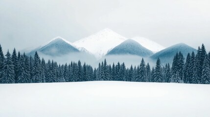 Breathtaking panoramic view of a majestic snow covered mountain range blanketed in a peaceful winter landscape surrounded by a dense evergreen forest under a cloudy overcast sky