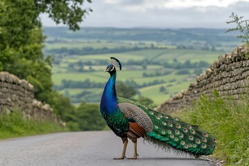 Fototapeta premium A peacock stands on a rural road with lush scenery.