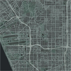 Map of Inglewood in California in a smooth dark style. Contains layered vector with roads water, parks, etc.