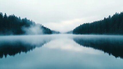 Fototapeta premium Drifting fog gently embraces a still mirror like lake at the break of dawn creating a hauntingly beautiful ethereal landscape shrouded in mystery and silence The serene