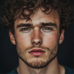 Obraz premium man in business clothes, male, 25 years old, round oval face, short brown curly hair, light eyes