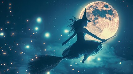Obraz premium The silhouette of a witch flying on a broomstick in a stormy sky, creating a spooky Halloween atmosphere filled with magic and dark folklore.