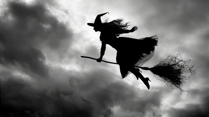 witch flying through the stormy sky on her broomstick, symbolizing magic, mysticism, and Halloween folklore
