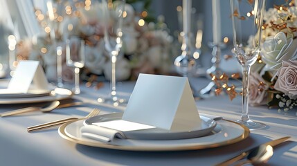 A mockup table tent menu card on a table with tablecloth, a vase of flowers and a white plate. Wedding celebration or party dinner blurred background.