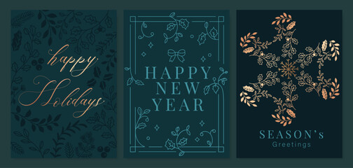Luxury Happy Holidays invitation card design vector. Elegant Happy New Year card with leaves branch, gold foil texture on navy blue background. Design for Season's Greeting, christmas, cover, poster.