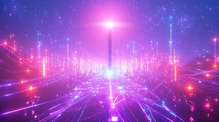 A futuristic city with glowing lines and a bright light in the distance.