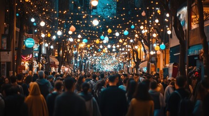 Naklejka premium Crowded street during festival, vibrant with lights, music, and people celebrating together.