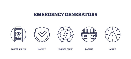 Emergency generators icons depict power supply, safety, and backup concepts, transparent background. Outline icons set.