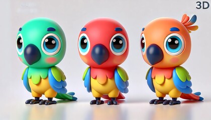 3D Cartoon Parrot Characters  Cute Birds  Green  Red  Orange  Tropical  Colorful  Illustra