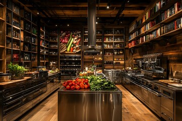 Modern kitchen filled with fresh ingredients and books.