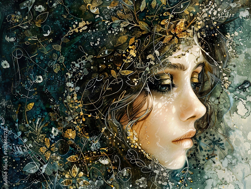 Sticker Enchanted Portrait: Woman with Golden Leaves