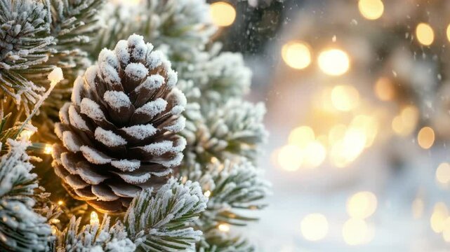 Christmas Scene. Close-up of frosted pinecone among snow-covered pine branches, with warm glowing holiday lights softly illuminating, creating a cozy atmosphere. Video made using Generative AI.