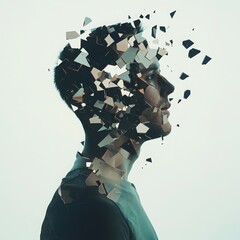 Shattered Mind: Profile of a man whose head is fragmenting into pieces, representing mental health, stress, or identity crisis. A surreal and thought-provoking image. 